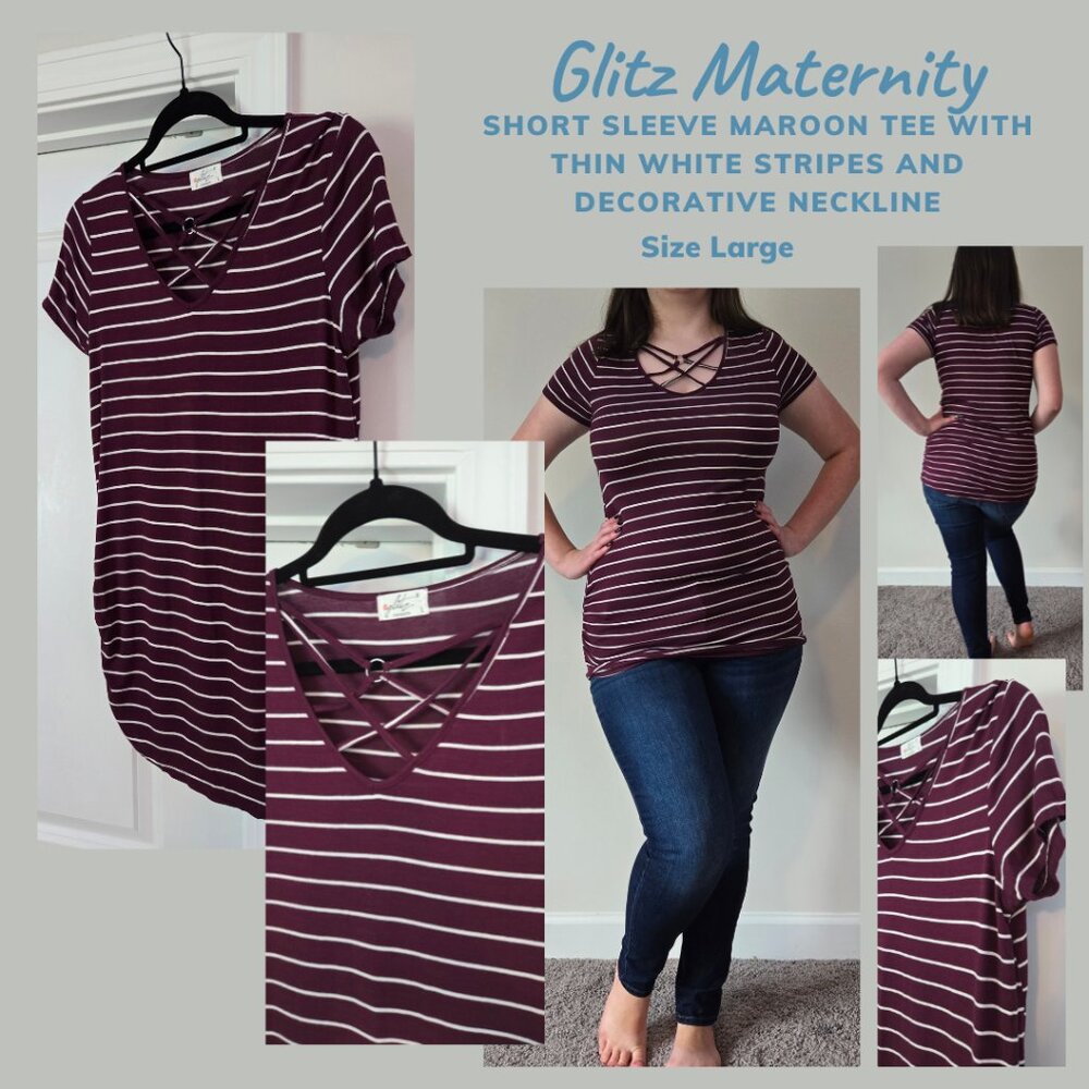 Glitz Maternity Maroon Tee with White Stripes, Decorative Scoop Neck, sz Large